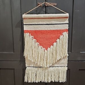 Handwoven Cream and Coral Wall Hanging Tapestry